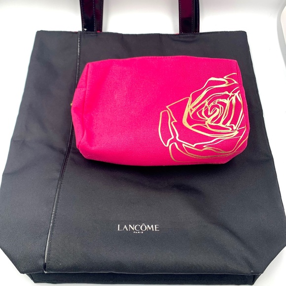 Lancôme travel pink/gold floral Limited Edition makeup bag & classic black tote - Picture 1 of 15